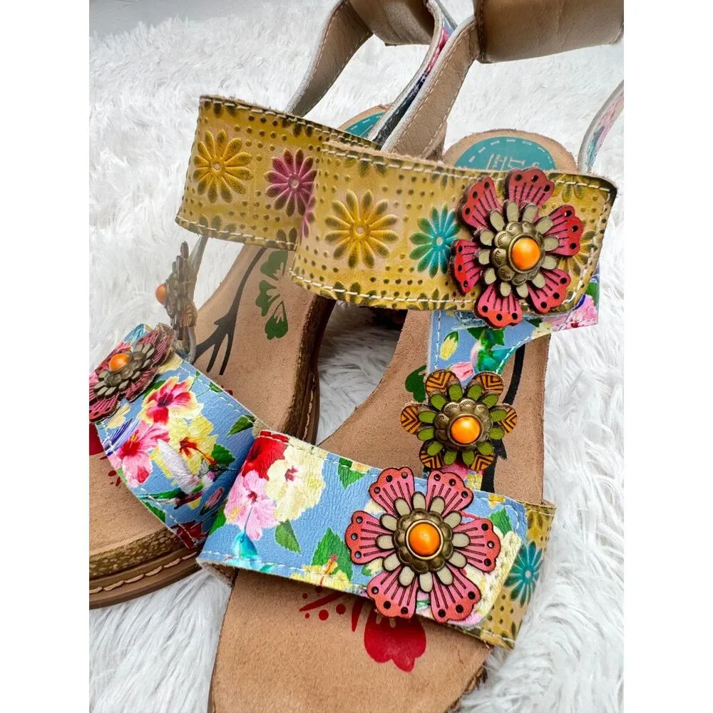L'Artiste Spring Step Floral Block Heel Sandals Size 37 Multicolor Boho